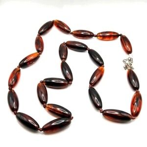 Vintage 1970s Tortoise Amber Colored Lucite‎ Bead Necklace 34" Knotted Oval